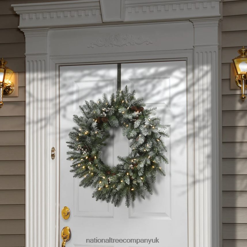 Greenery | National Tree Company Pre-Lit Artificial Christmas Wreath Green Snowy Morgan Spruce White Lights Decorated with Pine Cones and Frosted Branches Christmas Collection 30 Inches F2L4F296